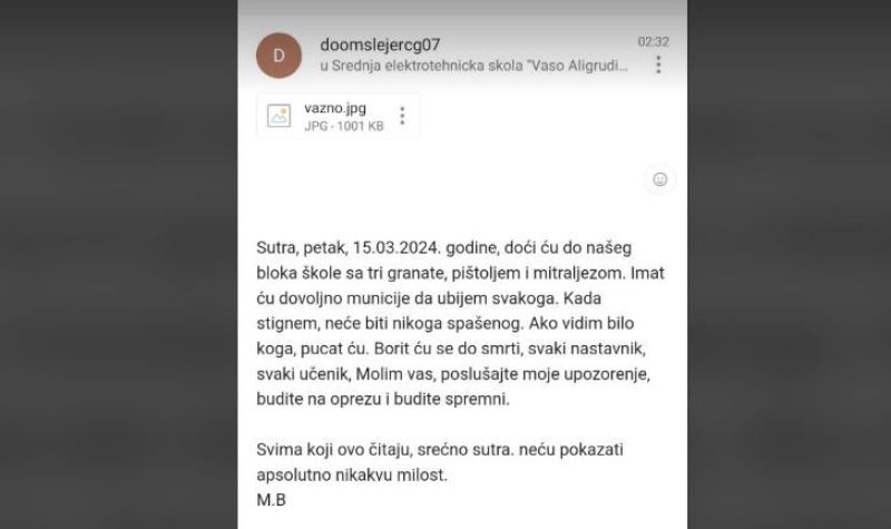 Na adresu škole "Vaso Aligrudić" u Podgorici stigao preteći mejl
